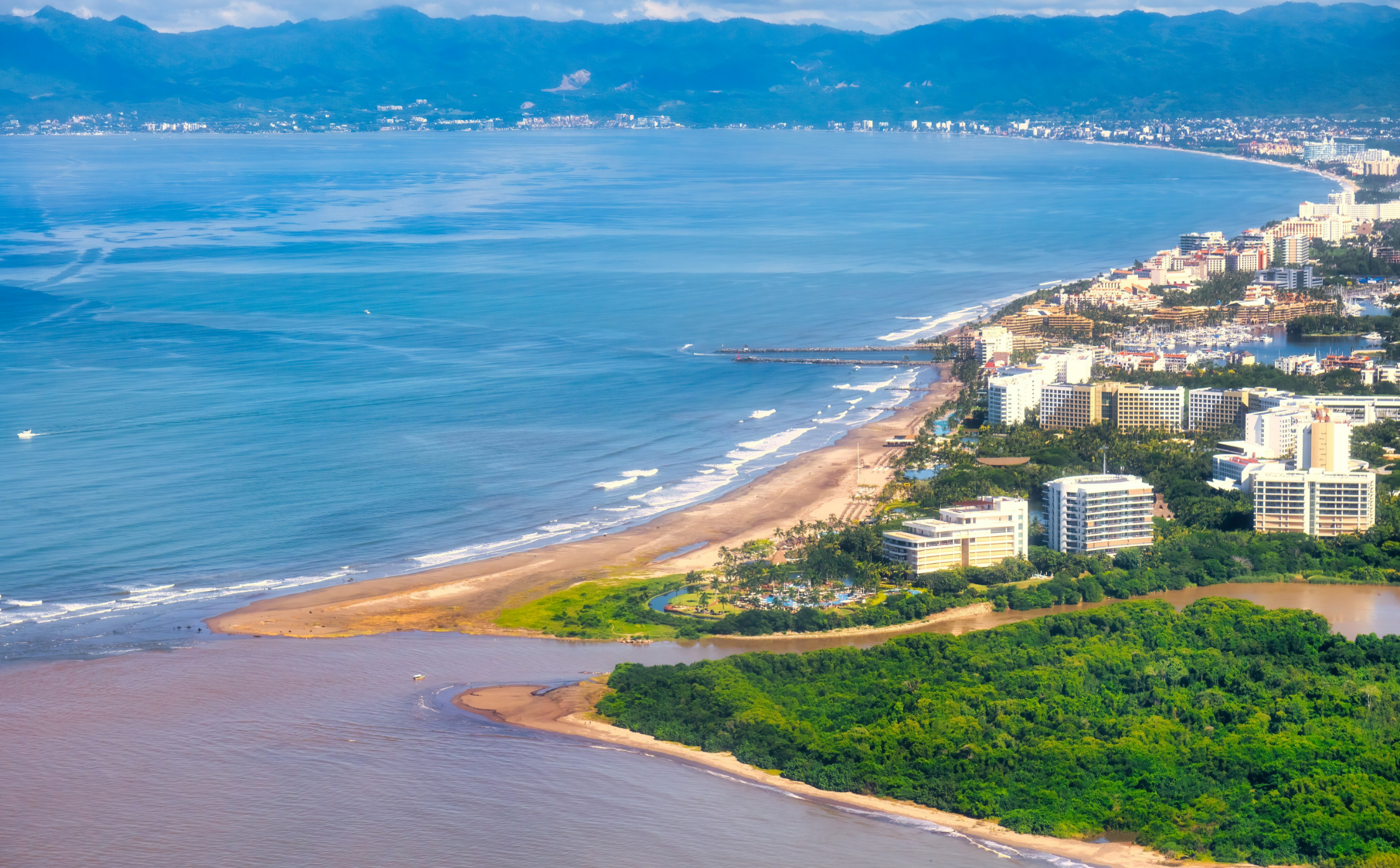 Aerial shot of ocean coast in Nuevo Vallarta, Mexico