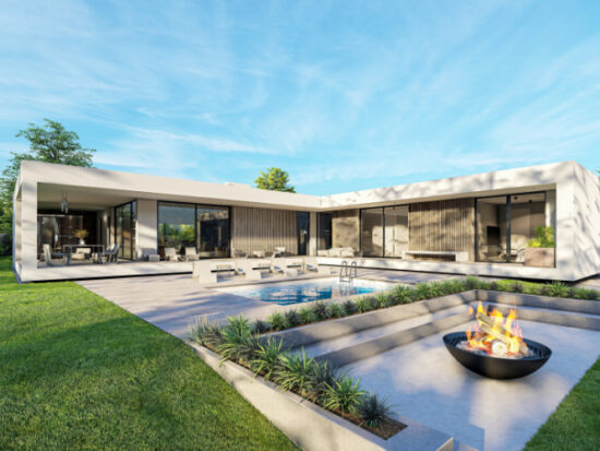 modern style home with pool, lawn, and fireplace