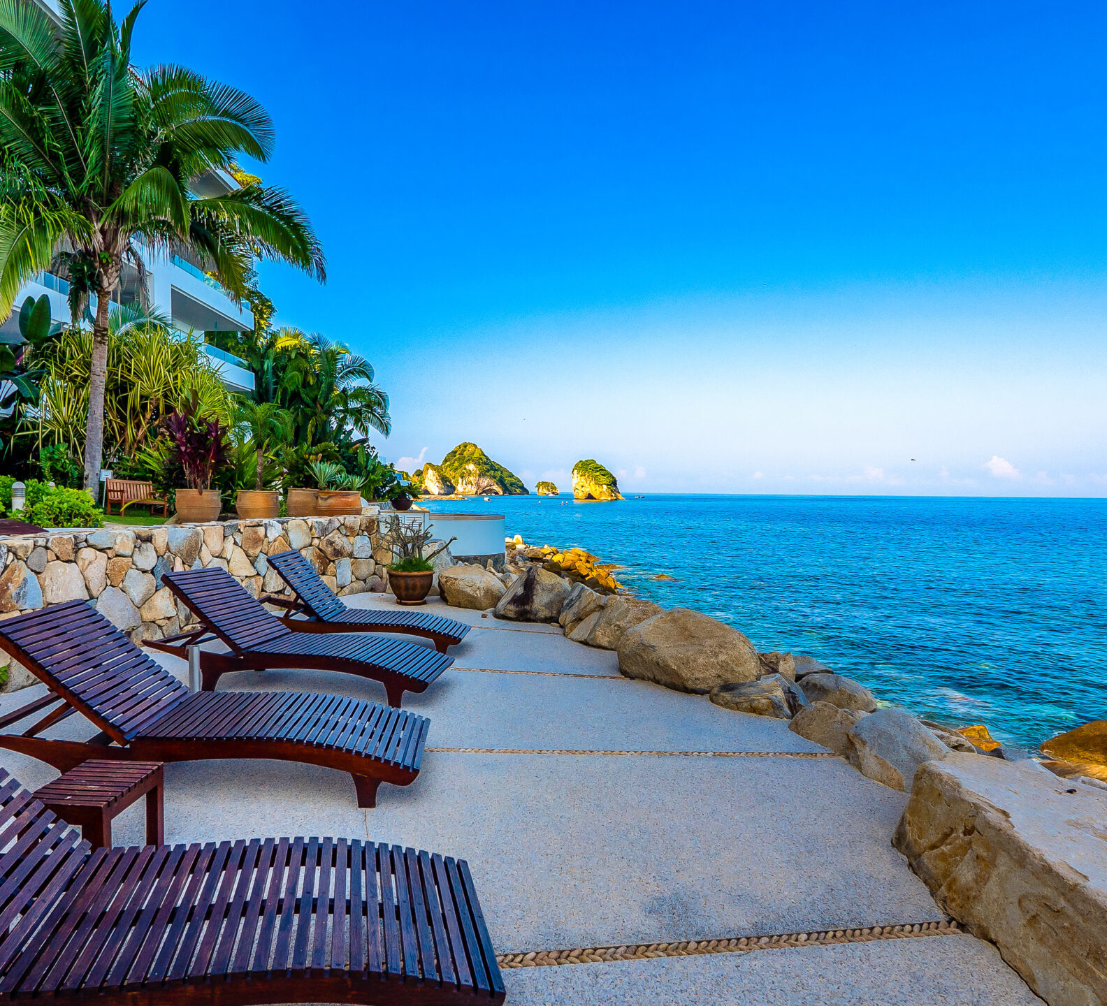 Row of lounge chairs along a seaside terrace bordered by palm trees and rocky shoreline.
